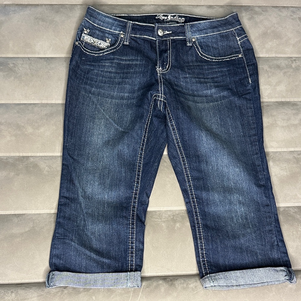 Love Indigo Women's Dark Blue Cropped Jeans embellished‎ back pockets SZ 10